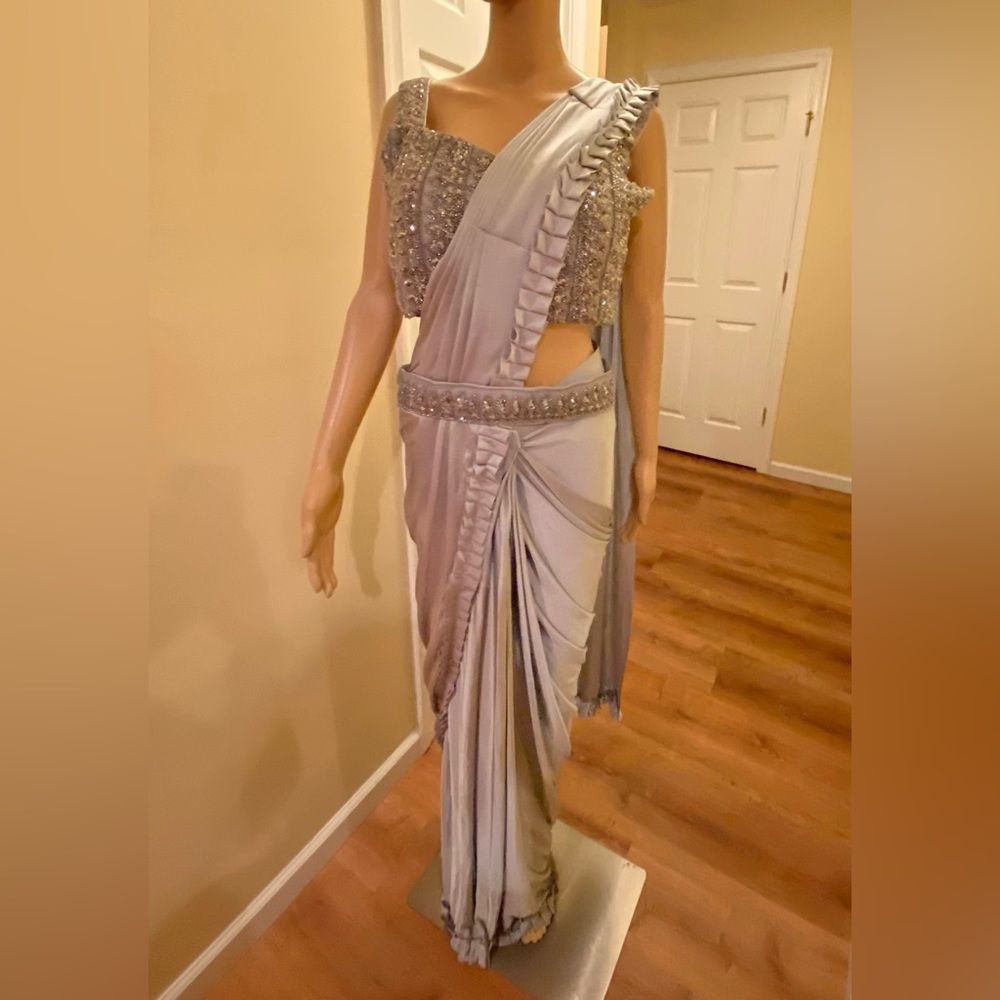 Elegant Silver Gray Embellished Ladies One Minute Ready to Wear Saree